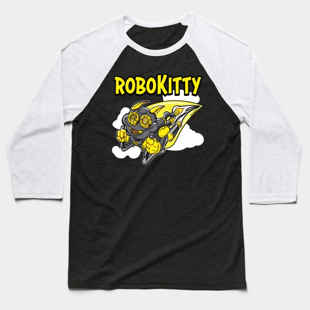 Robo Kitty rocketing through the sky Baseball T-Shirt by eShirtLabs